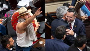 Congresistas utilizan un flotador y otros elementos de playa durante una protesta en el Congreso de la República.