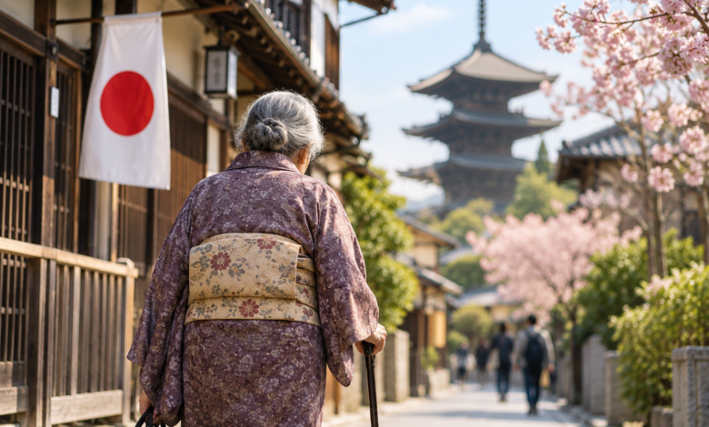Persona adulta mayor caminando por una calle de Japón durante una jornada cotidiana.