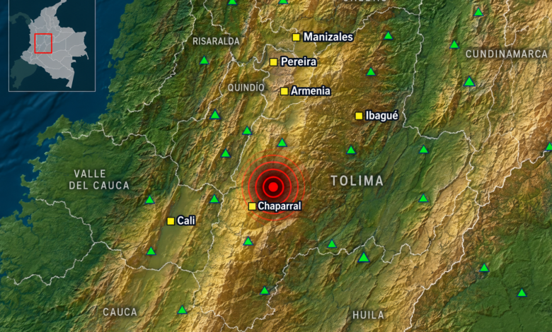 Mapa de actividad sísmica durante nuevo temblor en Chaparral, Tolima.