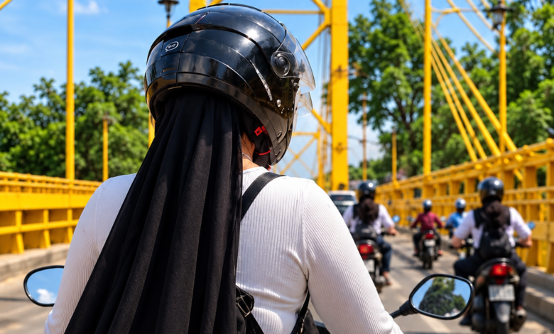 Velos para proteger el cabello utilizados por mujeres motociclistas en Montería.